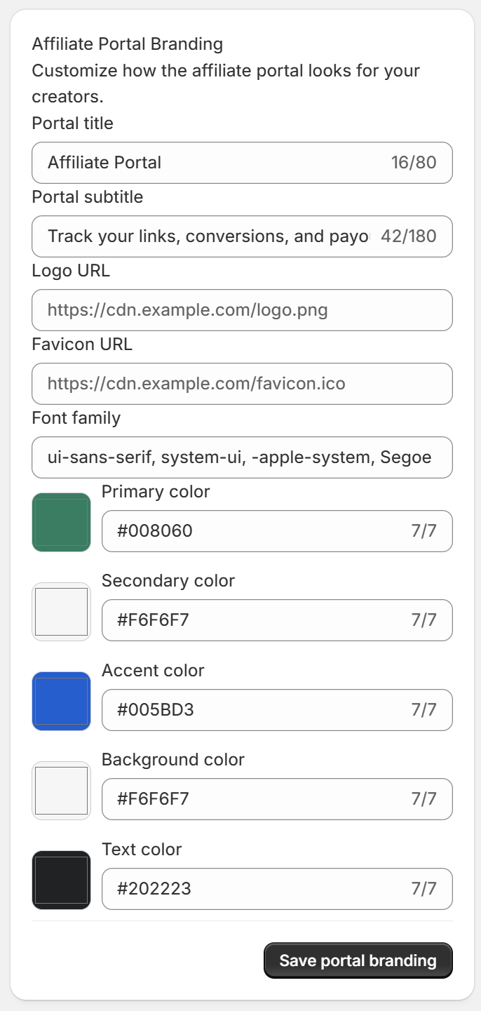 Affiliate portal branding settings